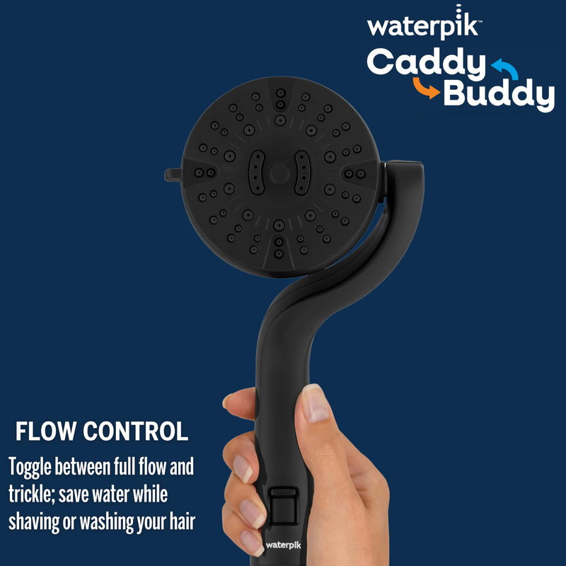 Waterpik Caddy Buddy Pivoting Hand Held Shower Head With 5-Foot Hose, 5-Mode with High Pressure Sprays, Matte Black, PHO-555E