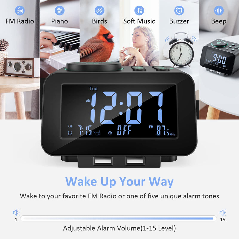 uscce Digital Dual Alarm Clock Radio - 0-100% Dimmer with Weekday/Weekend Mode, 6 Sounds Adjustable Volume, FM Radio w/Sleep Timer, Snooze, 2 USB Charging Ports, Thermometer, Battery Backup Black