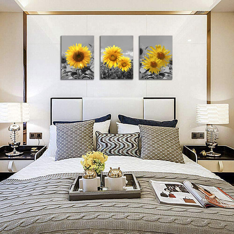 USIXA Sunflower Wall Art for Living Room Black White Flowers Wall Decor Yellow Floral Canvas Prints Painting Wood Frame with Hook Decorative Botanical Blossom Picture Artwork in 3 Panels 12×16 Inches