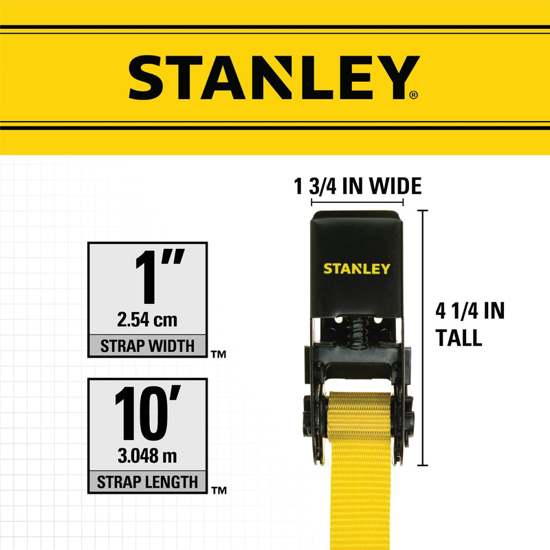 STANLEY S9500 Black/Yellow 1" x 10' Ratchet Straps - Light Cargo (300 lb Working Load / 900 lb Break Strength), 4 Pack 1" x 10'