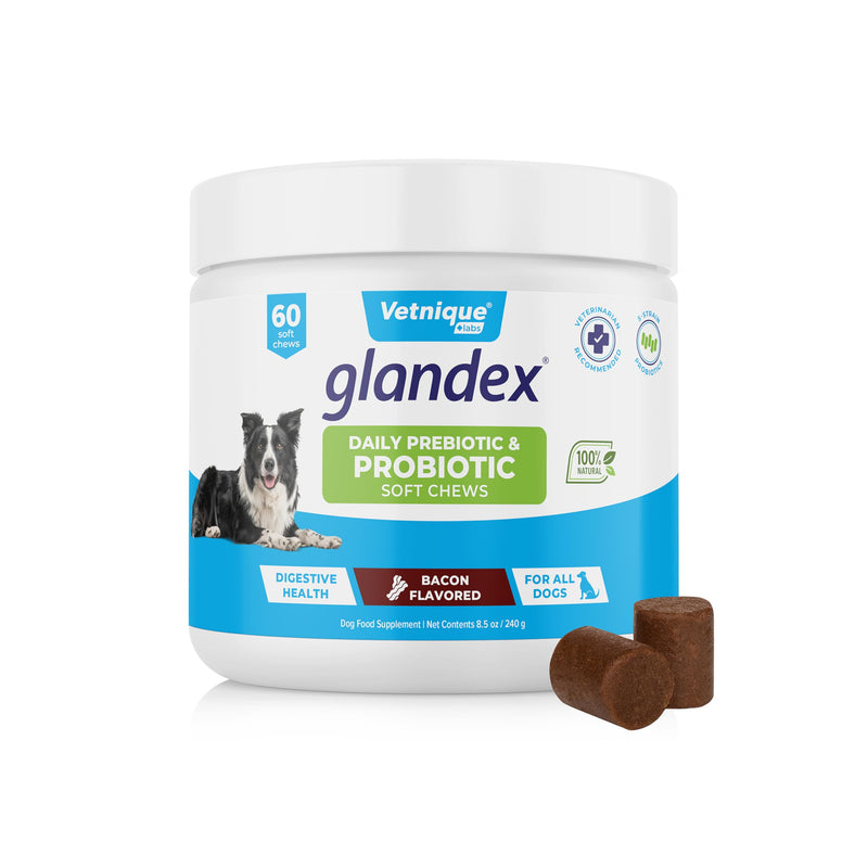 Vetnique Labs Ulti-Mutt Glandex for Dogs with Glandex Bacon Prebiotic & Probiotic Supplement Chews 60 Ct, Glandex Peanut Butter Anal Gland Support Chews 60 Count, Anal Gland Hygienic Pet Wipes 100 Ct