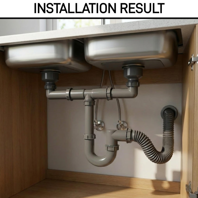 1-1/2 Inch Double Bowl Kitchen Sink Drain Kit - Universal Flexible P-Trap Pipe with Expandable Tailpiece (Wall & Floor Drain Compatible), Complete Plumbing Replacement Kit for 15"-24" Spacing