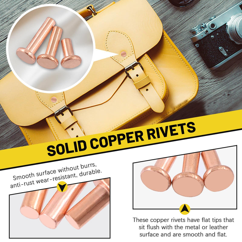 270Pcs Flat Head Copper Solid Rivets Kit, M2 M2.5 M3 Solid Copper Rivets Fasteners, Flat Head Rivets Solid Copper Rivets for Electrical Applications, Leather Working Supplies