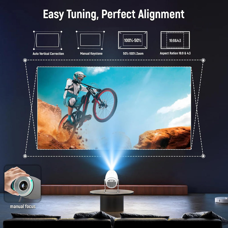 Mini Projector, Projector with WiFi and Bluetooth, 4K 1080P Support Portable Projector 180° Rotatable 130'' Screen Movie Projector Auto Keystone Compatible with HDMI/USB/TV Stick/Smartphone/Laptop White