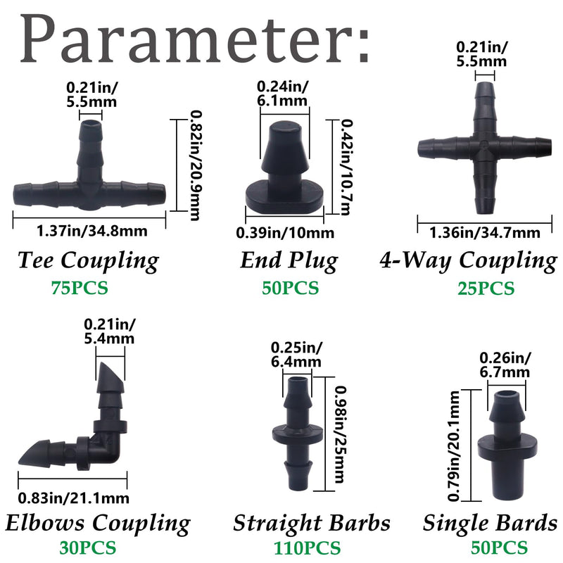 340PCS 1/4" Drip Irrigation Kit Barbed Connectors, Straight Barb, Tee, Single Barb, End Plug, Elbow, 4 Way Coupling Irrigation Fittings for Garden Lawn Flower Pot 340pcs