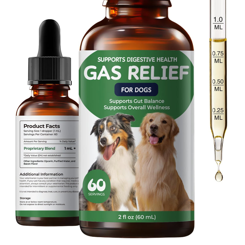 Gas Relief Supplement for Dogs Liquid, Supports Digestive Comfort & Gut Balance, Bacon Flavor, Daily Digestive Care Drops, 2 fl oz (60 mL)