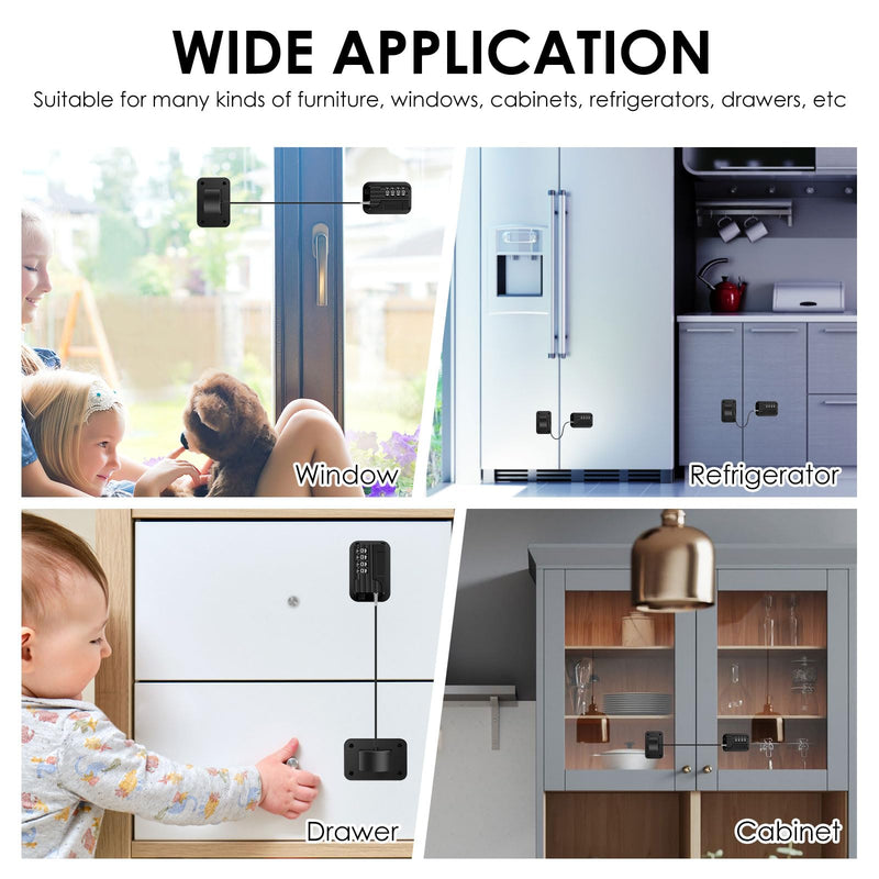 4 Pack Refrigerator Lock, Heavy Duty Refrigerator Locks Kit with Password, Drill-Free Childproof Cabinet Fridge Locks, Safety Freezer Combination Lock for Refrigerator Cabinets Drawers Window, Black Black - 4 Pack