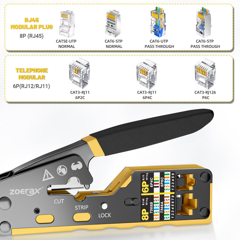 RJ45 Crimping Tool Ethernet Crimp Tool Crimper for RJ11/RJ12 Standard, RJ45 Pass Through Connectors, Yellow
