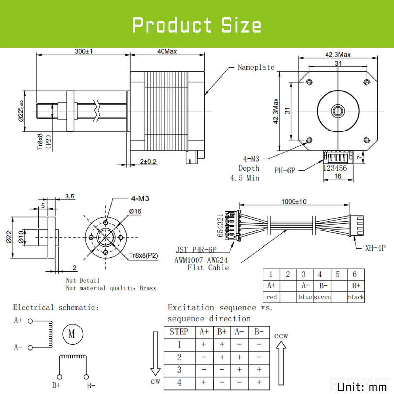 Nema 17 Stepper Motor Integrated 11.81in(300mm) T8 Lead Screw Standard Step Angle 1.7A 0.4Nm(56.64oz.in) Bipolar High Torque 42x40 Motor 2 Phase 4 Lead for 3D Printer DIY CNC with 1m Cable 1.66x1.66x1.58in - 11.82in