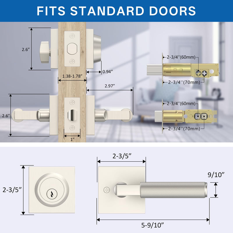 Amerdeco Front Door Lock Set with Double Cylinder Deadbolt, Exterior Entry Door Lever, Heavy Duty Entry Door Locksets for Left or Right Hand Exterior Door（Brushed Satin Nickel 1 Pack） Brushed Satin Nickel