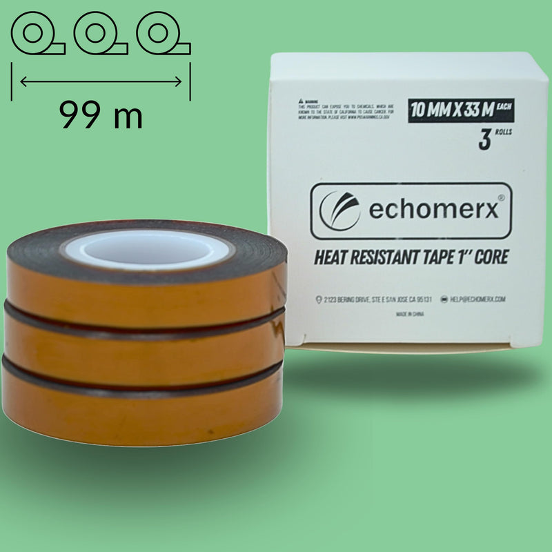 echomerx 3-Pack High Temp Heat Tape 10mm x 33m (108ft) - Heat Resistant Sublimation Tape for Crafts & Electronics - 1" Core, No Residue, 482°F Max - Brown 10mm | 1"-Core Brown | 3-PK