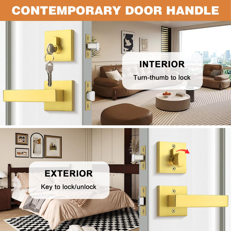 Probrico Keyed Alike Brushed Gold Exterior Door Locksets Square, Satin Brass Front Door Passage Handle and Single Cylinder Deadbolt Set, 1Pack 1