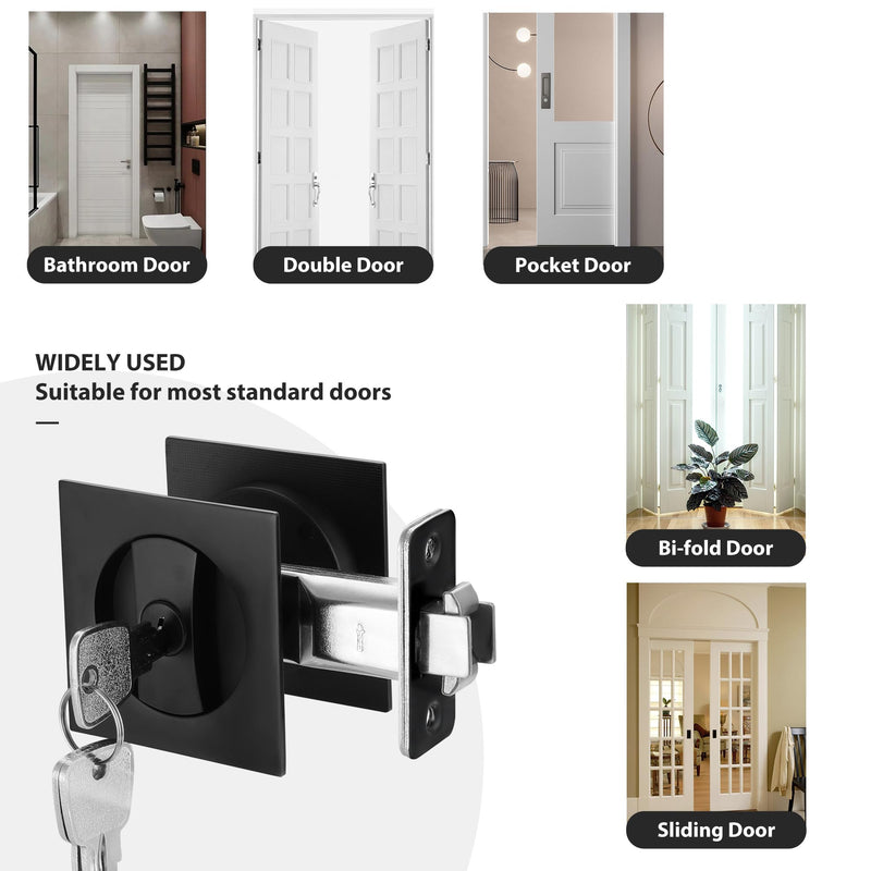Pocket Door Lock with Key, Matte Black Pocket Door Hardware Square Door Lock for Privacy Sliding Door Bifold Door Locks Pocket Door Pull Handles Replacement Hardware Entry (with Key) -Square