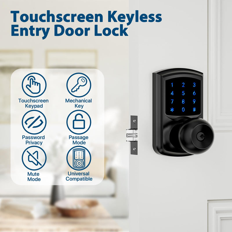Hidalife Keyless Entry Door Lock with Code, Keypad Door Lock with Handle, Touchscreen Digital Lock with Keypad for Front Door, Auto-Lock, Matte Black