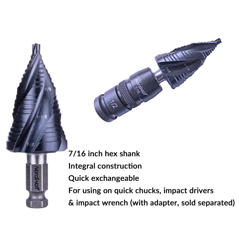 NordWolf HSS Cobalt Step Drill Bit, Four Spiral Flutes Impact Ready with 7/16" Hex Shank Unibit for Stainless Steel, Aluminum, Copper & Hard Metals, 19 SAE Step Sizes 3/16" to 1-3/8"