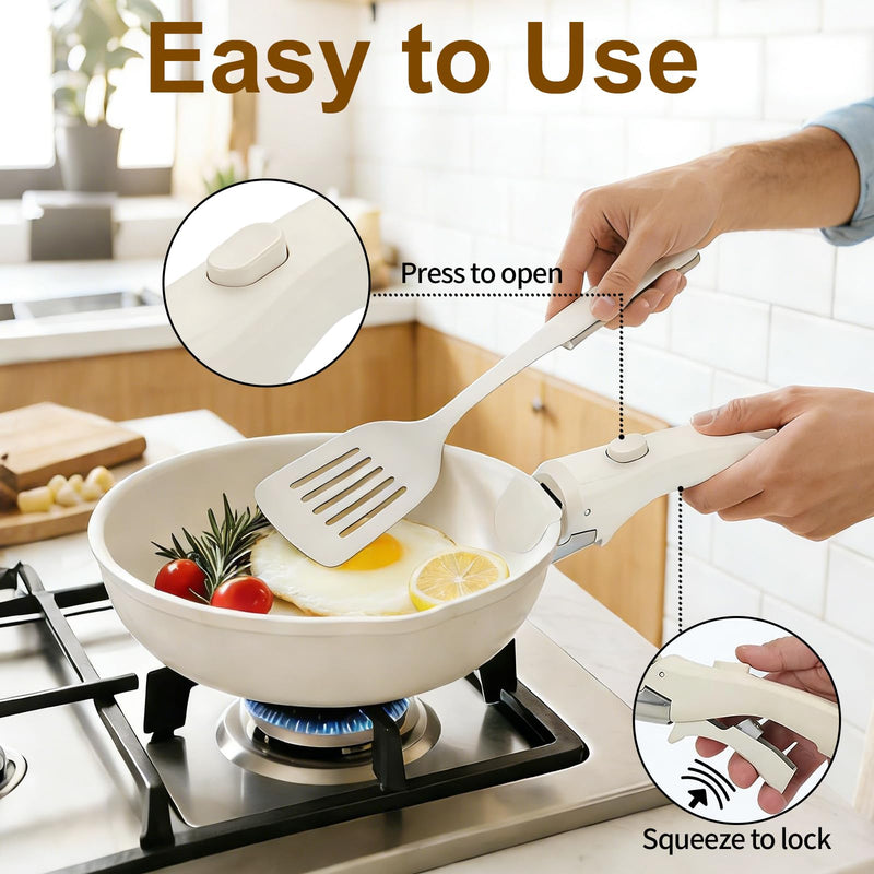 Removable Pot and Pan Handle - Detachable Cookware Handle with Quick-Release Button, Space-Saving Universal Handle for Most Cookware, Sturdy & Durable, Ivory White, 2 Pack