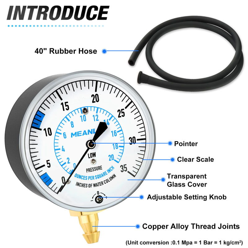 MEANLIN MEASURE 0-35” WC Manifold Gas Pressure Test Kit, Pressure Gauge Kit for Natural Gas or LP Gas with 40" Feet Hose, 1/8” NPT Fitting with Barbed Connection and Hex Bushing - NewNest Australia