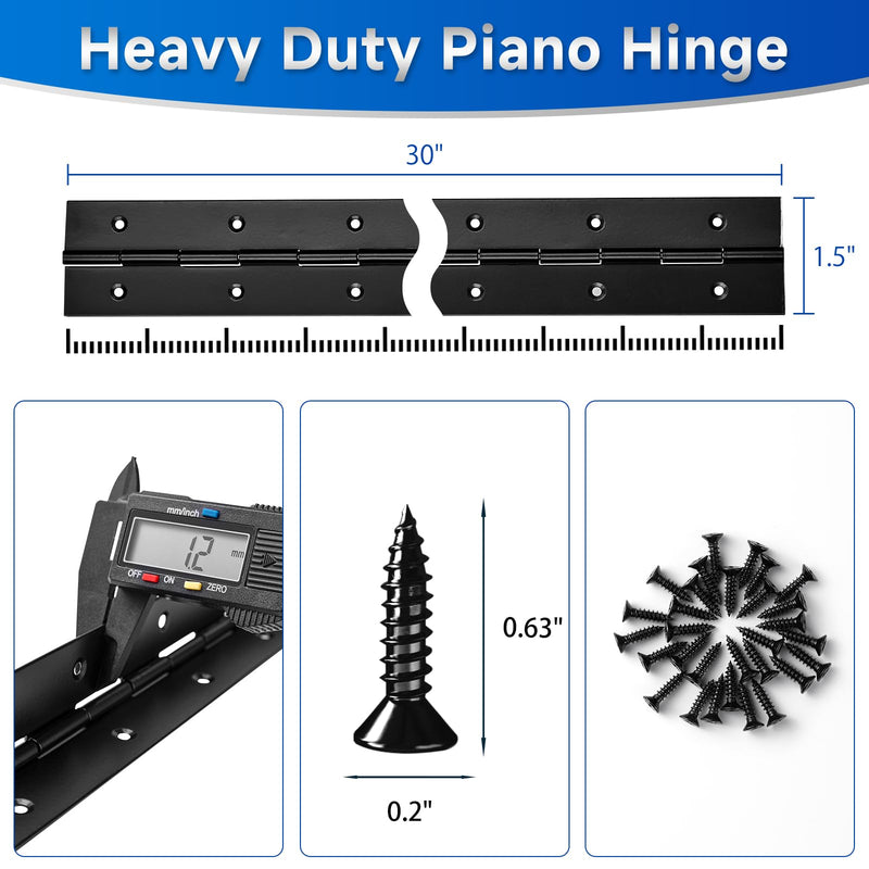 2Pack Heavy Duty Piano Hinge 30 Inch Stainless Steel Piano Hinge Black Continuous Hinge with Hole for Cabinets Boat Marine Door Box French Window Woodworking, 0.047" Leaf Thickness, 1.5'' Open Width