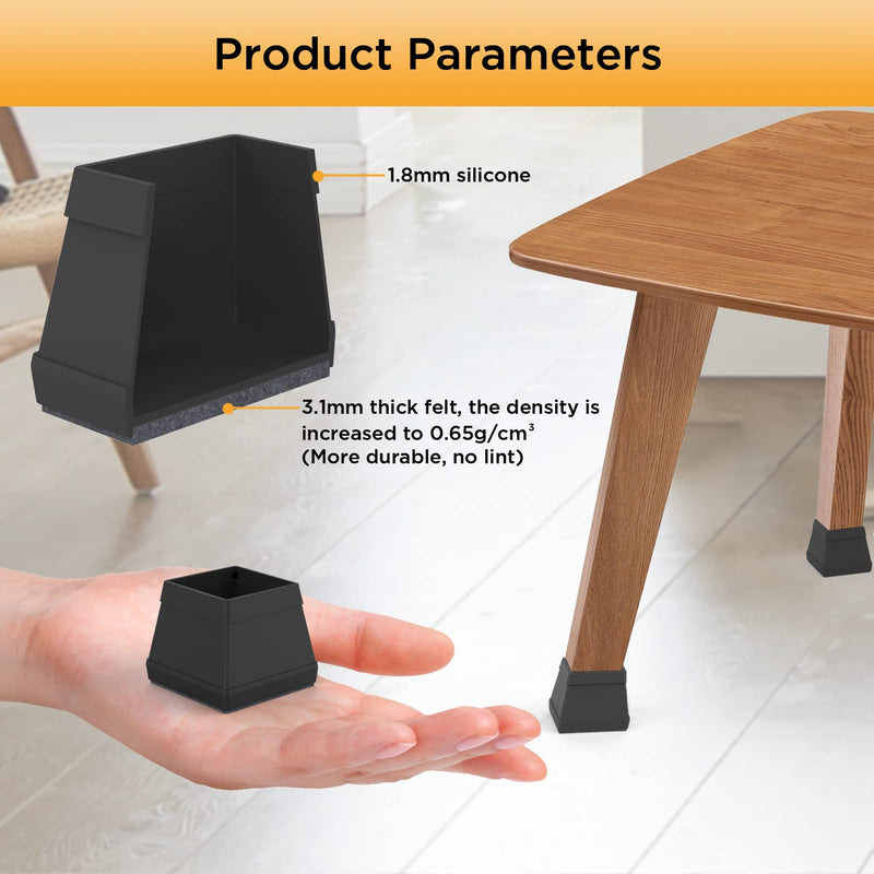 16 PCS Square Chair Leg Floor Protector, Silicone Chair Leg Cover, Furniture Leg Protectors with Felt, Mobile Table Leg pad, Protect The Floor from Scratches.1 1/2 in Black. Square L(1.26-1.57")