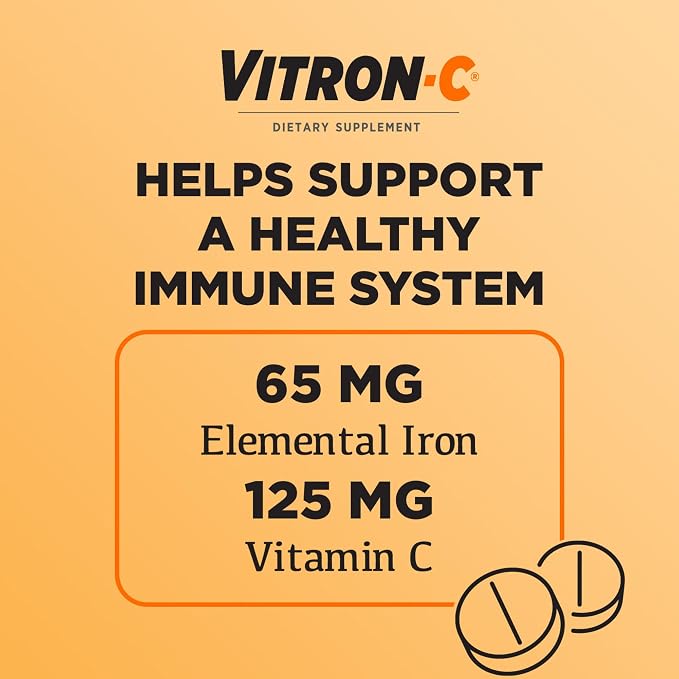 Vitron-C High Potency Iron Supplement with 125 mg Vitamin C, Dye Free, Vegan, Gluten Free, 60 Count