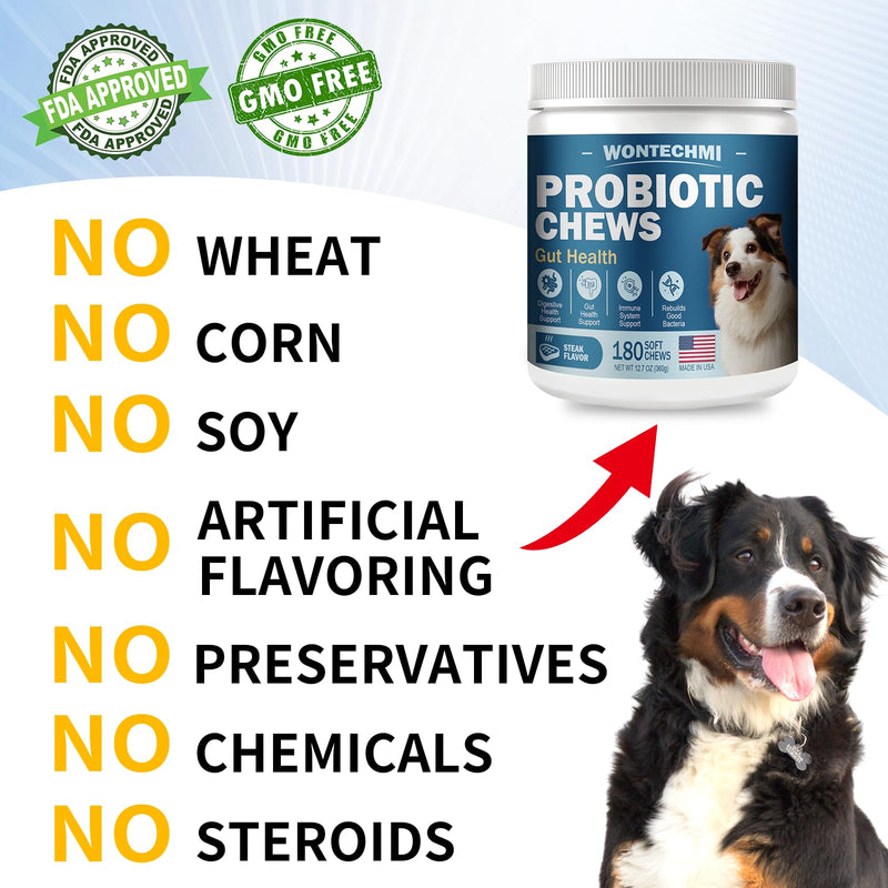 Probiotics for Dogs, Improve Itchy Skin Itchy Ears, Gut Health, Yeast Balance, Allergies, Immunity, Dog Probiotics and Digestive Enzymes with Prebiotics, Reduce Diarrhea (180 Chews, Steak) 180 Chews