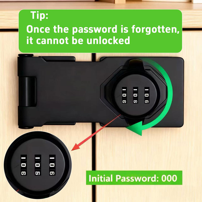 Keyless Combination Lock, Code Zinc Alloy Door Latch, 3-Digit Combination Lock, Twist Knob Hasp Latch Lock, Cabinet Locks with Combination, Easy DIY Installation (Black) Black