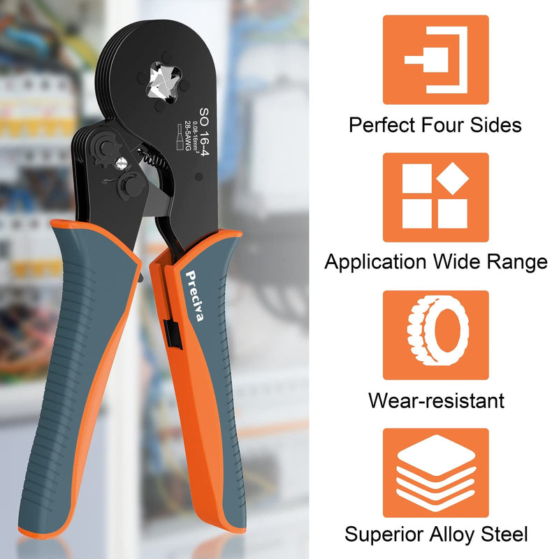 Wire Ferrule Crimping Tool, Preciva AWG 28-5 (0.08-16mm²) Square Jaw Wire Crimping Pliers Self-Adjustable Ratchet Ferrule Terminals Crimper for Wire Terminals Cables End-sleeves CP55001