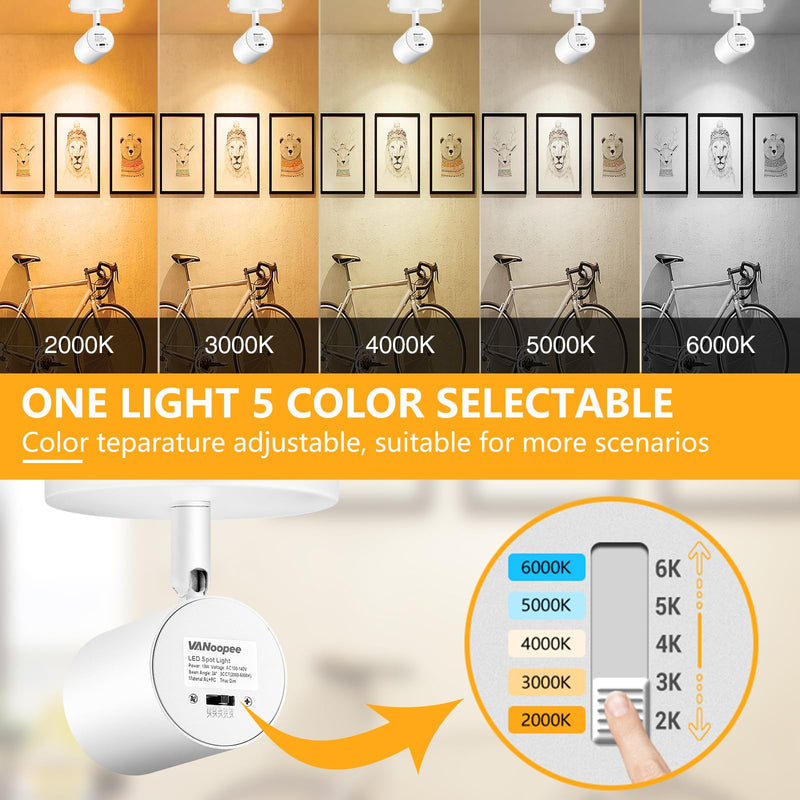 VANoopee 5-Color Dimmable Ceiling Spotlight Flush Mount Adjustable Directional LED Spot Lights Indoor Bright Accent Fixture for Art Picture Living Room Bedroom - CRI90 24° Flicker Free 10W 800lm White 1 Pack