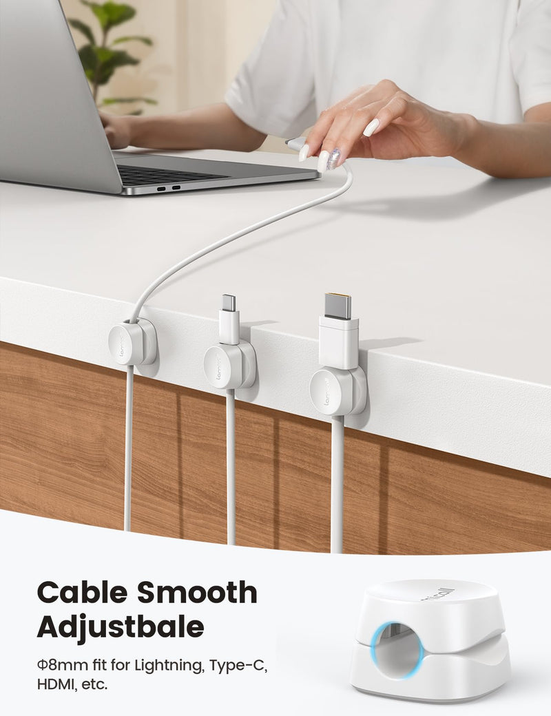 8Pack Cord Organizer [1s Lock] Spring Cable Management Clips - Lamicall Desk Cord Holder, Adhesive Cute Round Cable Clip, Phone Charger Wire Organizer Keeper for Nightstand Car Office Accessory, White 8Pack Snow White