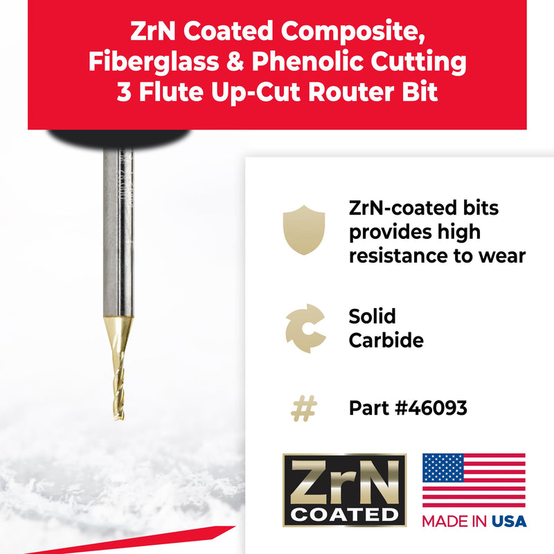 Amana Tool CNC Solid Carbide Up-Spiral Router Bit for Composite, Fiberglass, Phenolic, ZrN Coated, 46093, 1.2mm Dia x 5mm x 1/8 Shank x 35mm Long