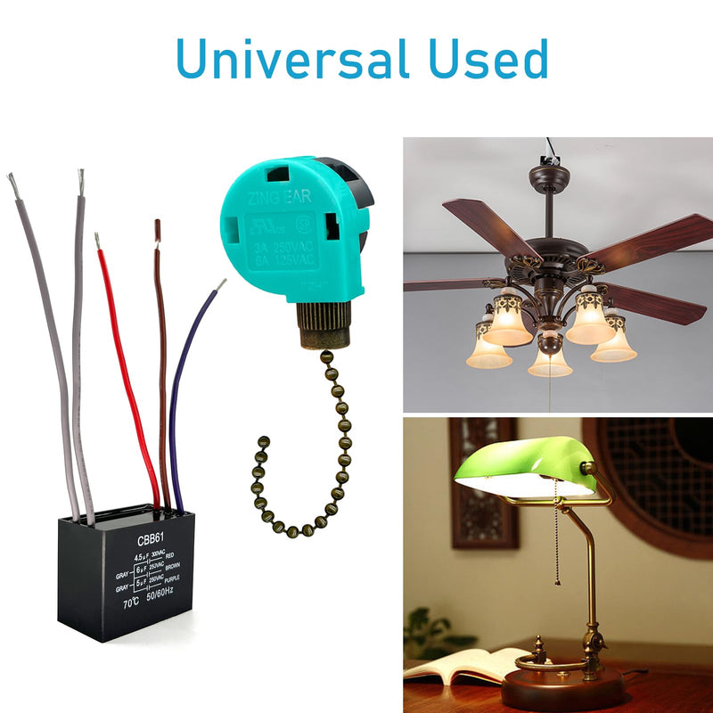 YukiHalu Ceiling Fan Pull Chain Switch 3 Speed 4 Wire, Ceiling Fan Capacitor CBB61 4.5uf + 6uf + 5uf 5 Wire 250V, Light Switch for Fan and Light (Antique) Antique, 4.5+6+5uF