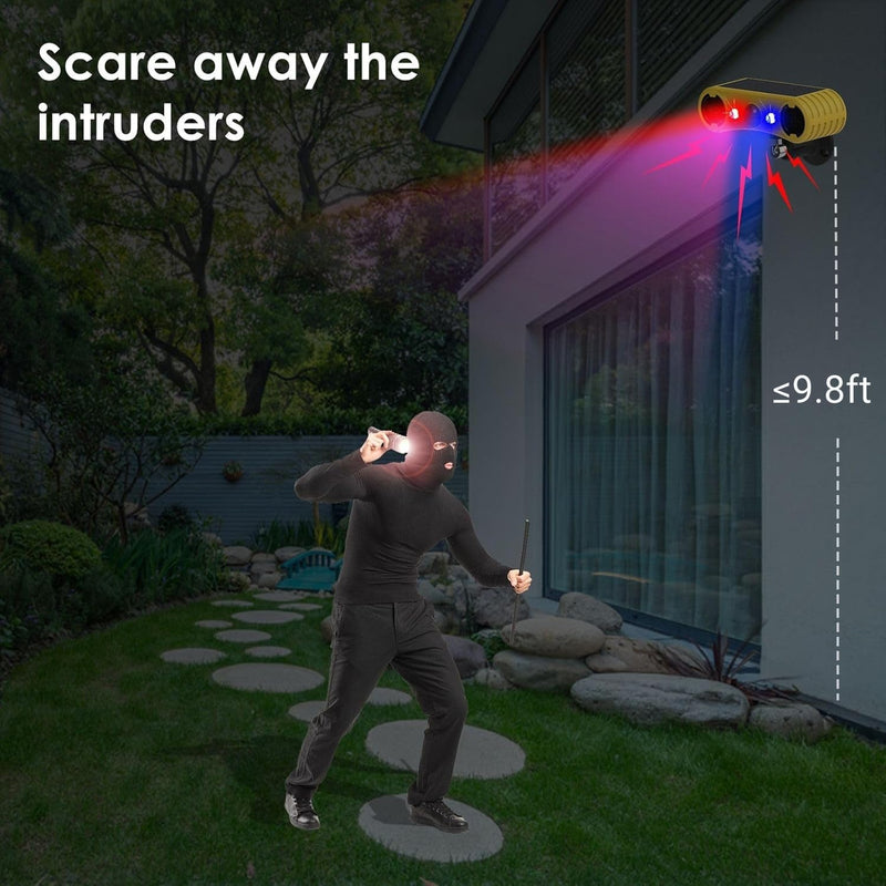 HULPPRE Solar Outdoor Motion Sensor Alarm-13 Sounds Including Dog Barking&Gunshot,2*130db Loud Noise Maker,4 Modes,Red&Blue Motion Activated Strobe Light,Say Goodbye to The Intruders 4 modes,13 sounds outdoor alarm