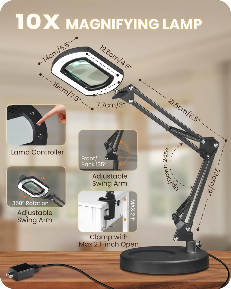 10X Round Magnifying Glass with Light and Stand, 2-in-1 LED Lighted Desk Lamp & Clamp, 5 Color Modes Stepless Dimmable, Hands-Free Magnifier Desk Lamp for Reading Craft Close Work B02DL05 Round Base & Clamp