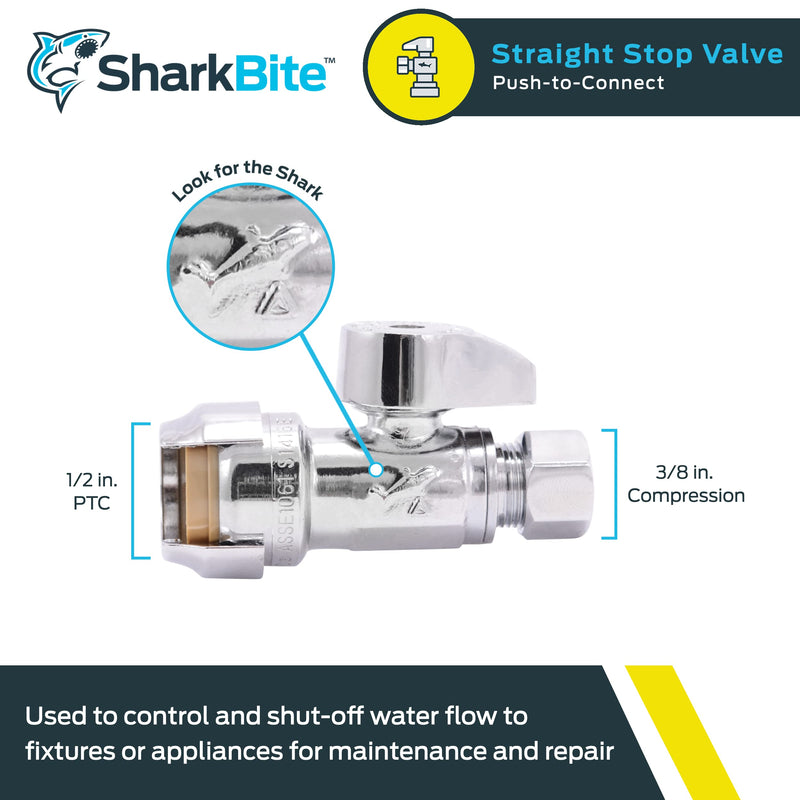 SharkBite 1/2 x 3/8 Inch Compression Straight Stop Valve, Quarter Turn, Push to Connect Brass Plumbing Fitting, PEX Pipe, Copper, CPVC, PE-RT, HDPE, 23037-0000LF 1/2 in. x 3/8 in.