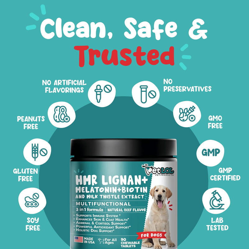 HMR Lignan + Melatonin + Biotin + Milk Thistle for Dogs | 4-in-1 Formula | Adrenal Support & Normal Cortisol Levels | Skin, Coat, & Digestive Health | 90 Chewable Tablets | Natural Beef Flavor
