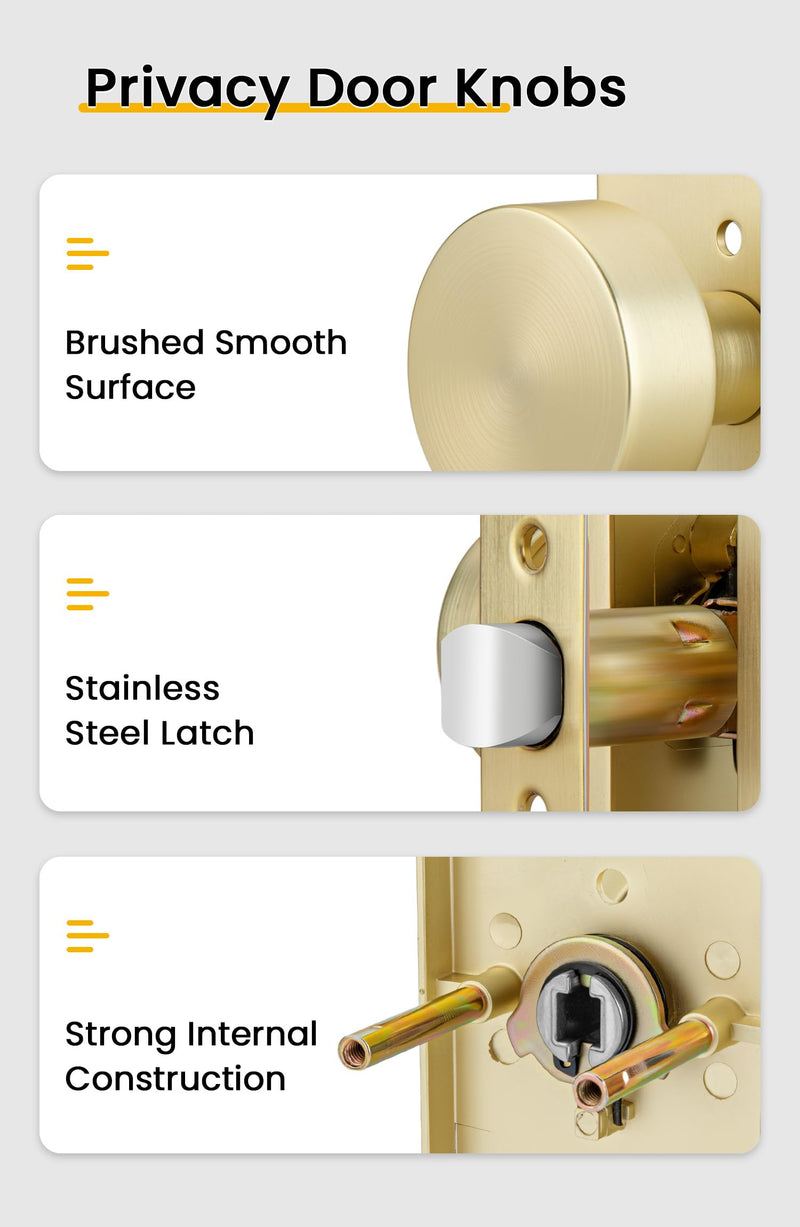 goldenwarm Gold Door Knob Interior, Heavy Duty Brushed Gold Interior Door Knobs for Bedroom Bathroom, Round Privacy Door Knob, Zinc-Alloy Rectangle Rosette Indoor Doorknob (1 Pack) 1 Pack