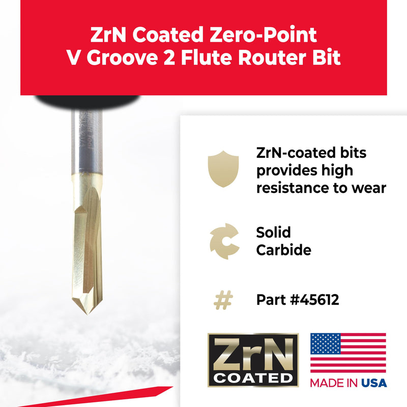 Amana Tool CNC Solid Carbide Zero-Point V-Groove and Engraving Router Bit, ZrN Coated, 45612, 90 Degree, 1/4 Dia x 3/4 CH x 1/4 Inch Shank