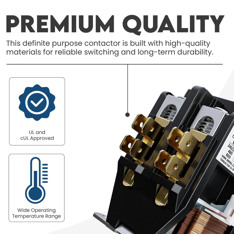 2 Pole Definite Purpose Contactor 24V Coil, 40 Amp Definite Purpose, UL Recognized and Approved for use with A2L Refrigerants, Line Lugs, Load Screws, ControlGear DW402A-11 (2P 40A 24V Coil) 2P 40A 24V coil