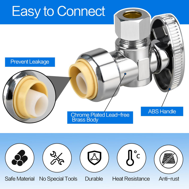 1/2/5/10/20pcs Stop Valves, 1/2" × 3/8" Angle Stop Valve, 1/2" PTC Input, 3/8" OD Compression Output, Push to Connect, 1/4 Turn, Chrome Plated Brass for Faucet, Toilet Valves, No Lead (2pcs Angle) 2×Angle