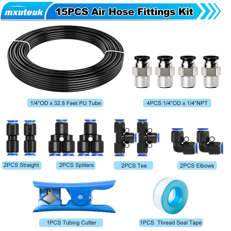 mxuteuk 1/4" Air Hose Fittings,1/4" Air Line Fittings,1/4"(6.35mm) OD x 32.8 Feet PU Tube and 1/4" OD Push to Connect Fittings(15PCS)