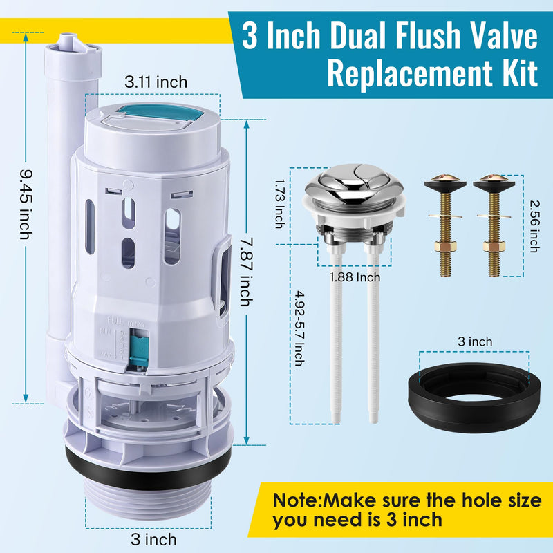 Saillong 3 Inch Dual Flush Valve Replacement Kit with Top Push Button, Tank to Bowl Gasket and Bolts, Toilet Repair Kit Inside Tank for 2 Piece Toilet, Easy to Install(1 Pack) 1