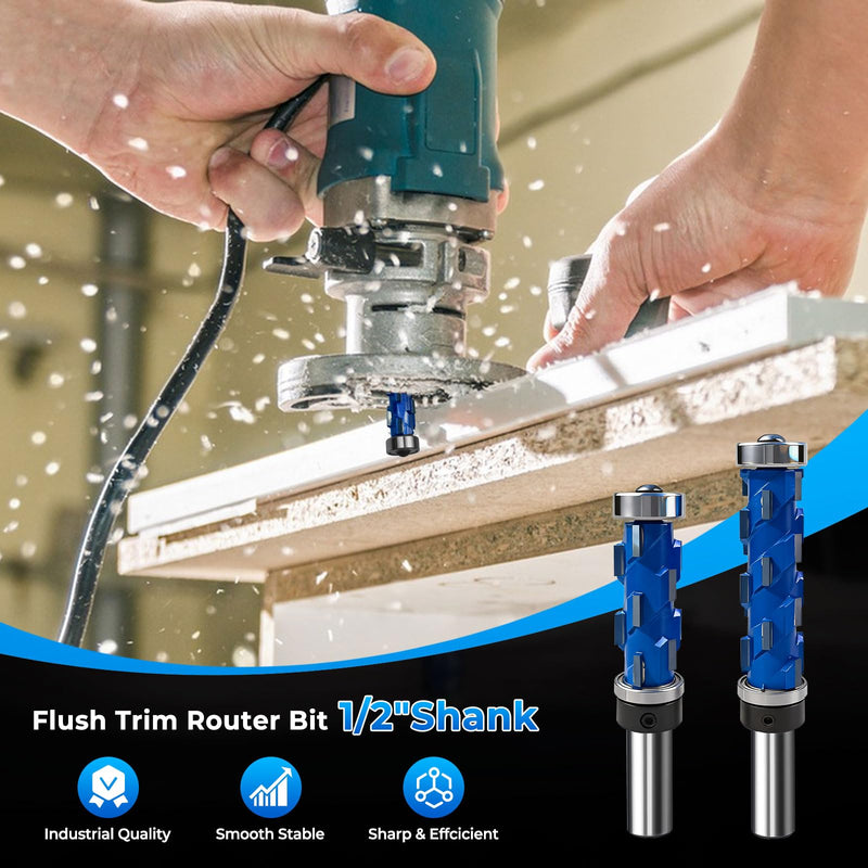 2PCS 1/2" Shank Flush Trim Router Bit Set Double Bearings Flush Trim Bit Trimming Tool Woodworking Milling Cutter Tool Router Template Bit for Wood MDF
