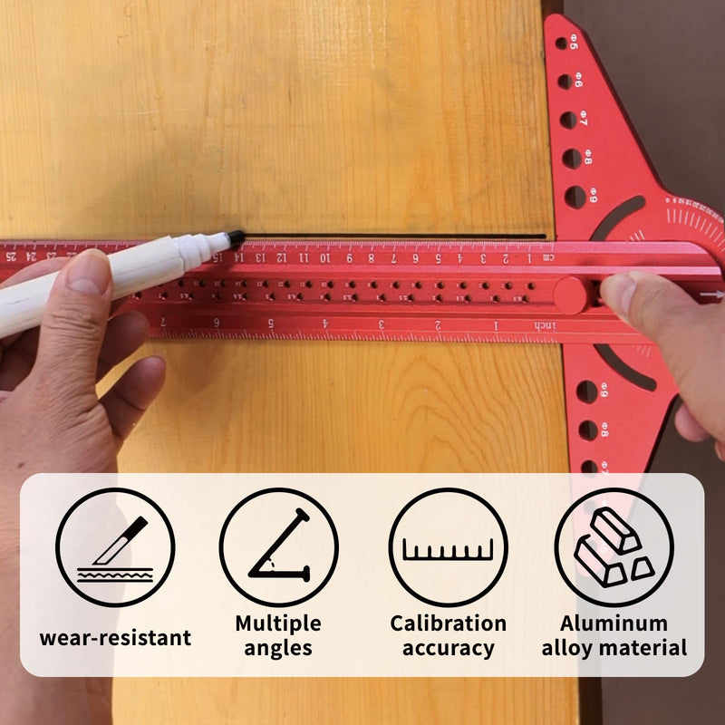 13" Woodworking Scriber Marking Line Ruler with Angle Finder, Adjustable Aluminum Alloy Sliding T-Square Ruler(Red) Red