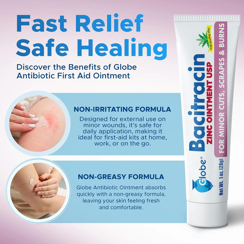 Globe Bacitracin Zinc 1 oz Tube, First Aid Antibiotic Ointment Helps to Prevent Infection in Minor cuts, scrapes and Burns 1 Ounce (Pack of 1)