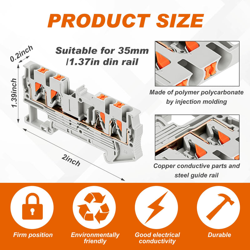 DIN Rail Terminal Block Twin Spring Terminal Connectors Push in Type PT Screwless Wire Wiring Connector with 10 Covers 10 End Stops 6 Jumpers (ST2-2.5/2x2,56 Pcs) 56 ST2-2.5/2x2