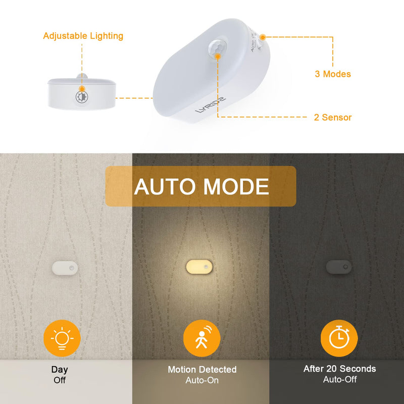 Lyridz Rechargeable Battery Night Light, Stick on Mini Motion Sensor Light Indoor Warm White 1-20LM LED Light with Stepless Adjustable Brightness for Bedroom, Kitchen, Stairs, Hallway, 2-Pack A. Warm White