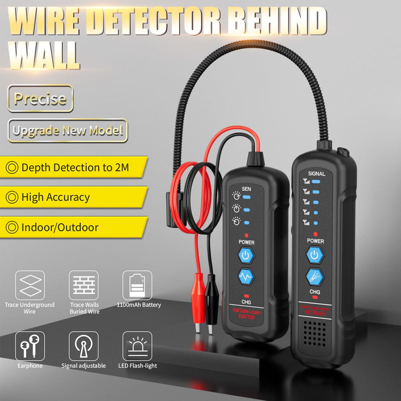 Underground Wire Locator, Circuit Breaker Finder with Earphones, Broken Wire Detector- Electrical Wire Tracer for Buried Cables, Pet Fence Broken Wire Locator, 2M Detection Depth & 1100mAh Battery Black