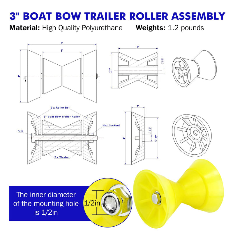 3'' Boat Trailer Roller Assembly with Spoke Fits 1/2'' Shaft Bow Roller Fits 3 Inch Wide Boat Trailer Bracket Yellow