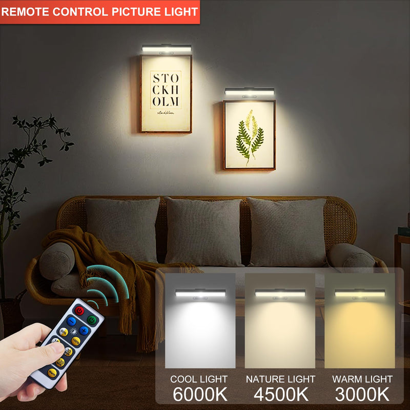2 PACK Picture Light Battery Operated Painting Light with Remote, 3Lighting Modes Art Light for Wall Pictures Posters,Dimmable Timer Set Display Accent Light for Picture Frame Dart Gallery Portrait