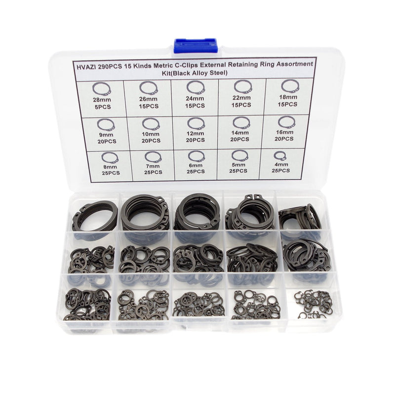 290PCS C-Clips External Retaining Ring Assortment Kit(Black Alloy Steel)